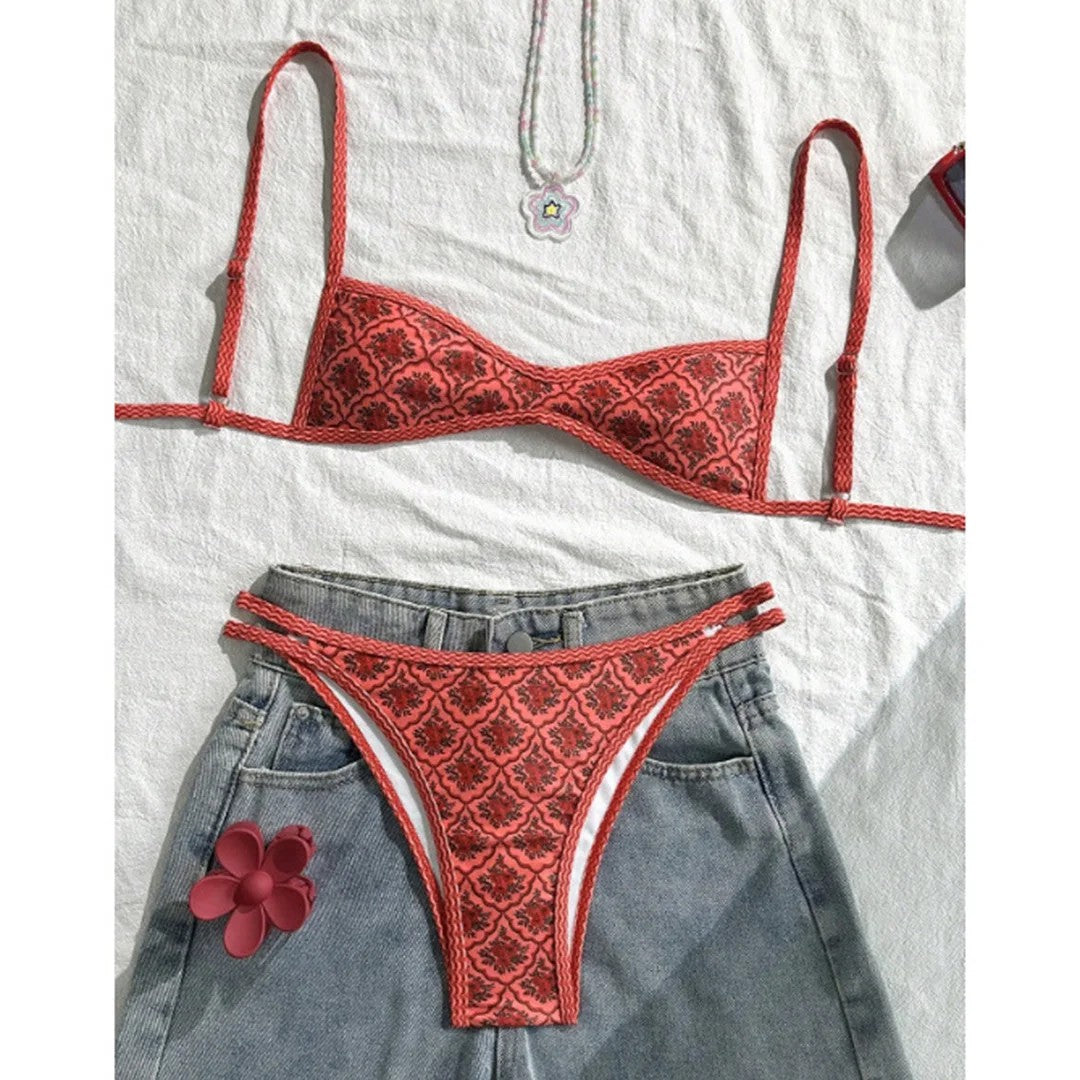 Aura Floral High-Leg Bikini - Crimson Bloom