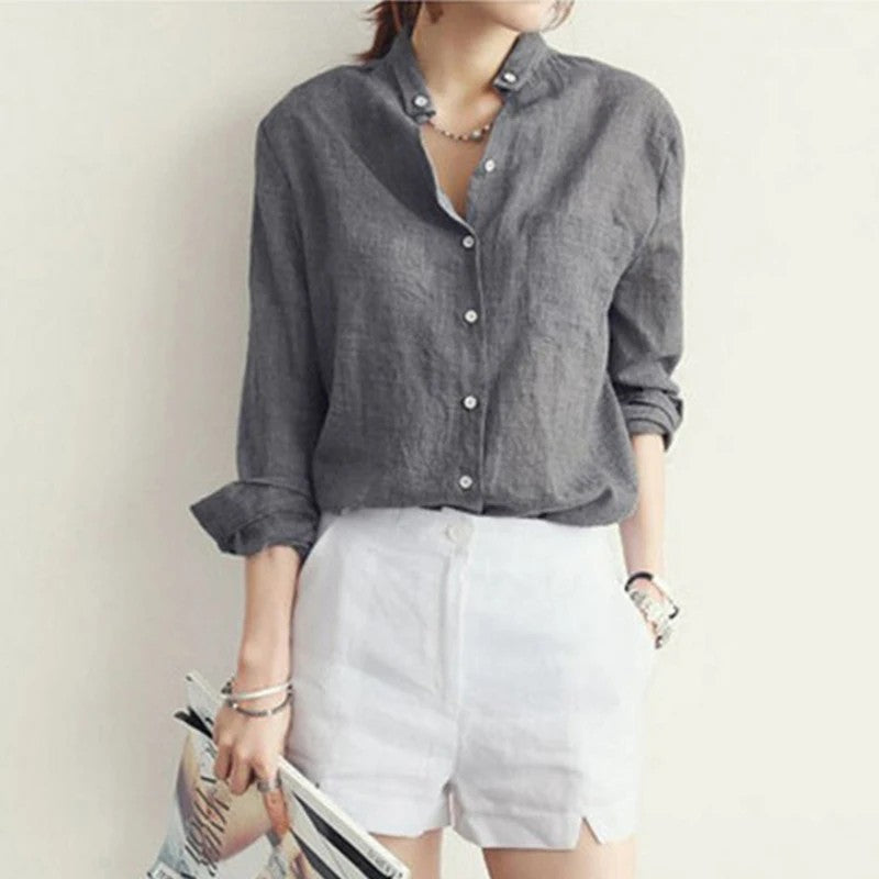 Lela Cotton Linen Long Sleeve Blouse - Mocha