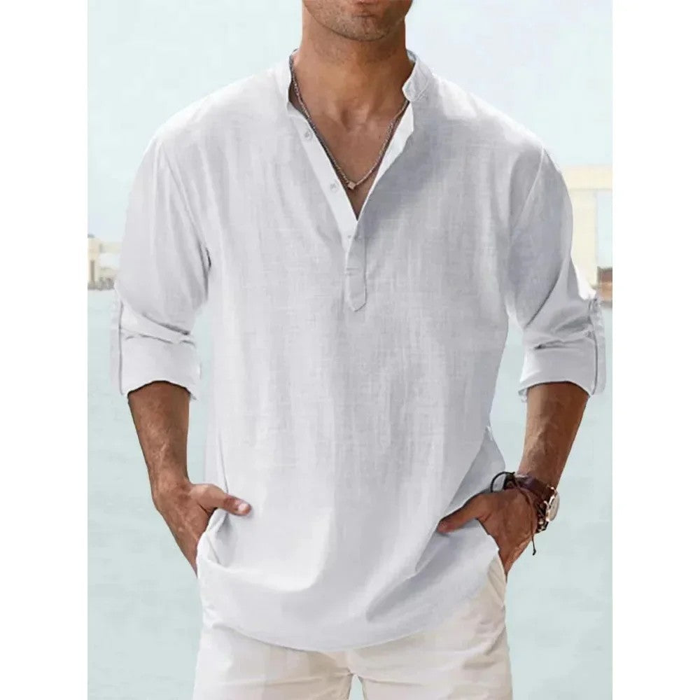 Solana Cotton Linen Henley Shirt - White