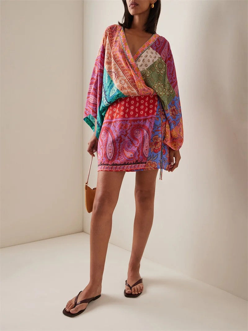 Taormina Boho Paisley Mini Dress - Paprika Red