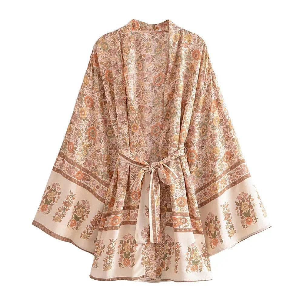 Taranto Floral Tie Kimono - Desert Khaki