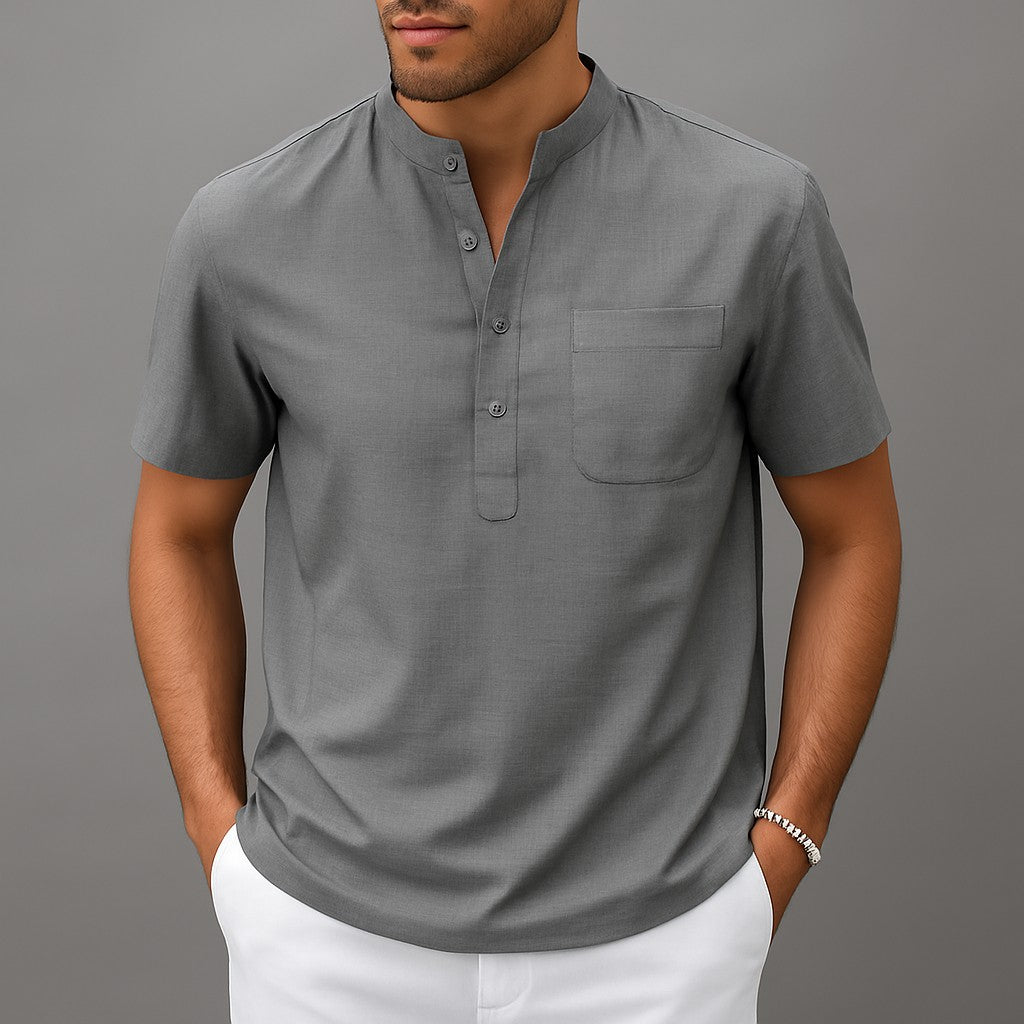 Thun Linen Band Collar Shirt - Slate