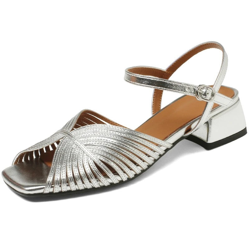Verona Genuine Leather Low Heel Sandals - Silver