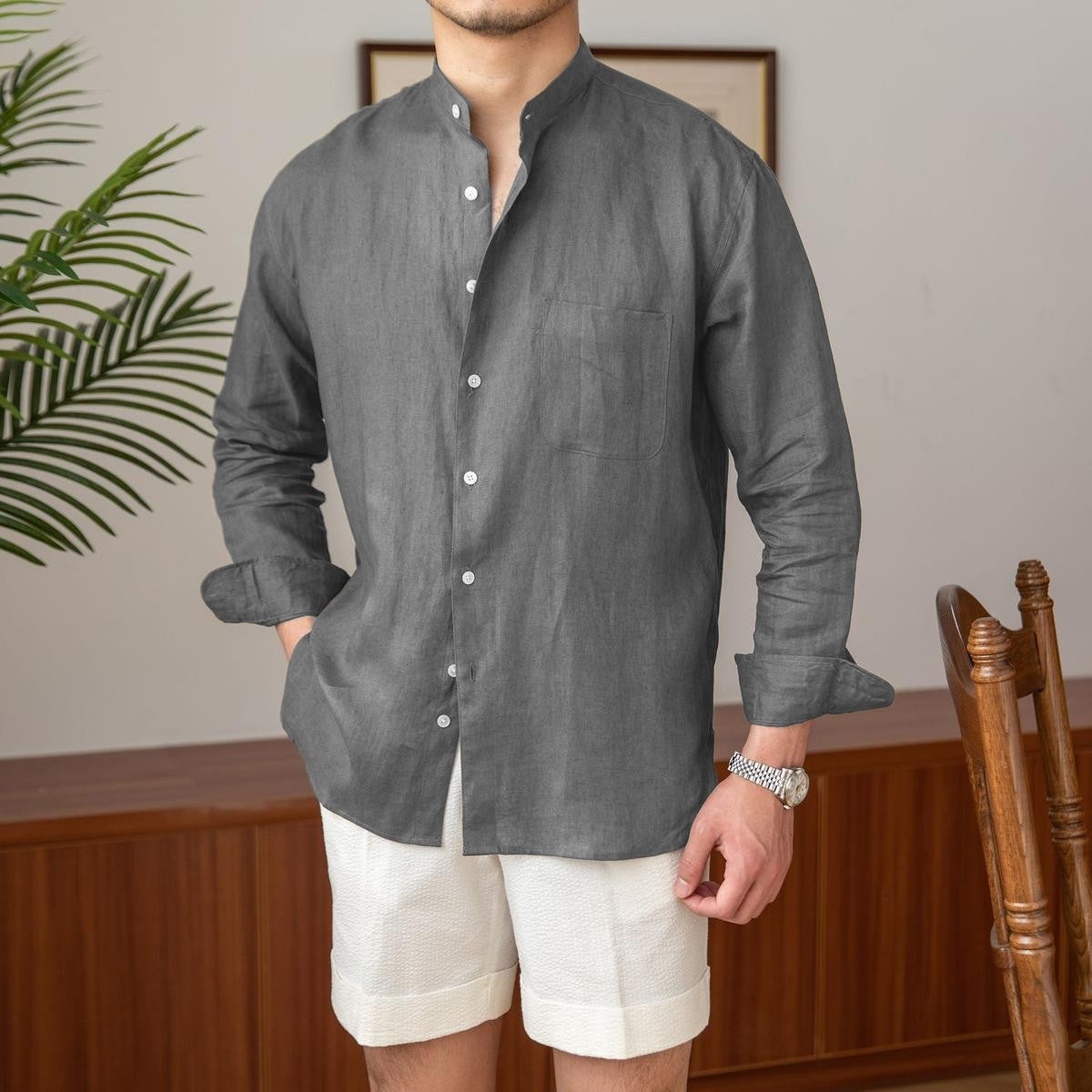 Zadar Natural Linen Stand Collar Shirt - Grey