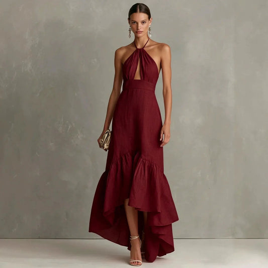 Adalia Halter Midi Dress - Burgundy