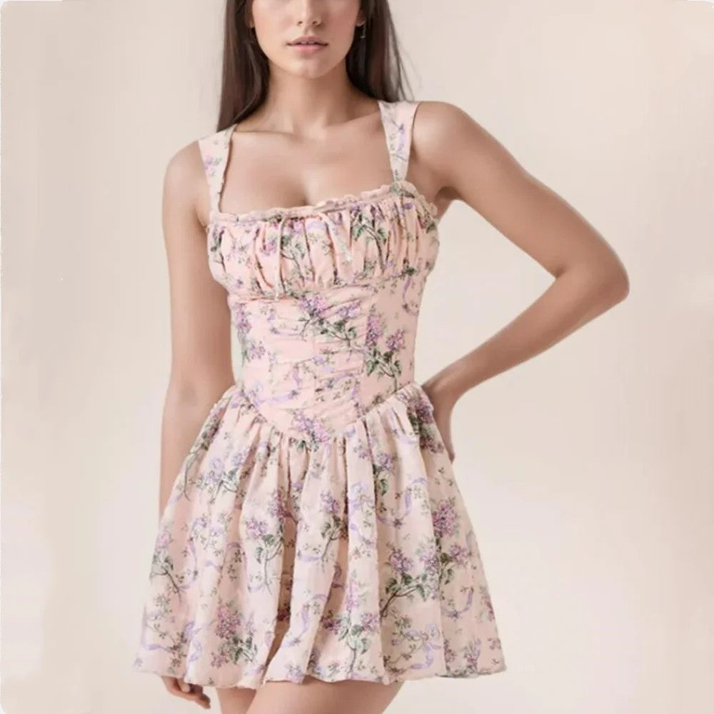 Aelia Ruched Floral Mini Dress - Pink Floral