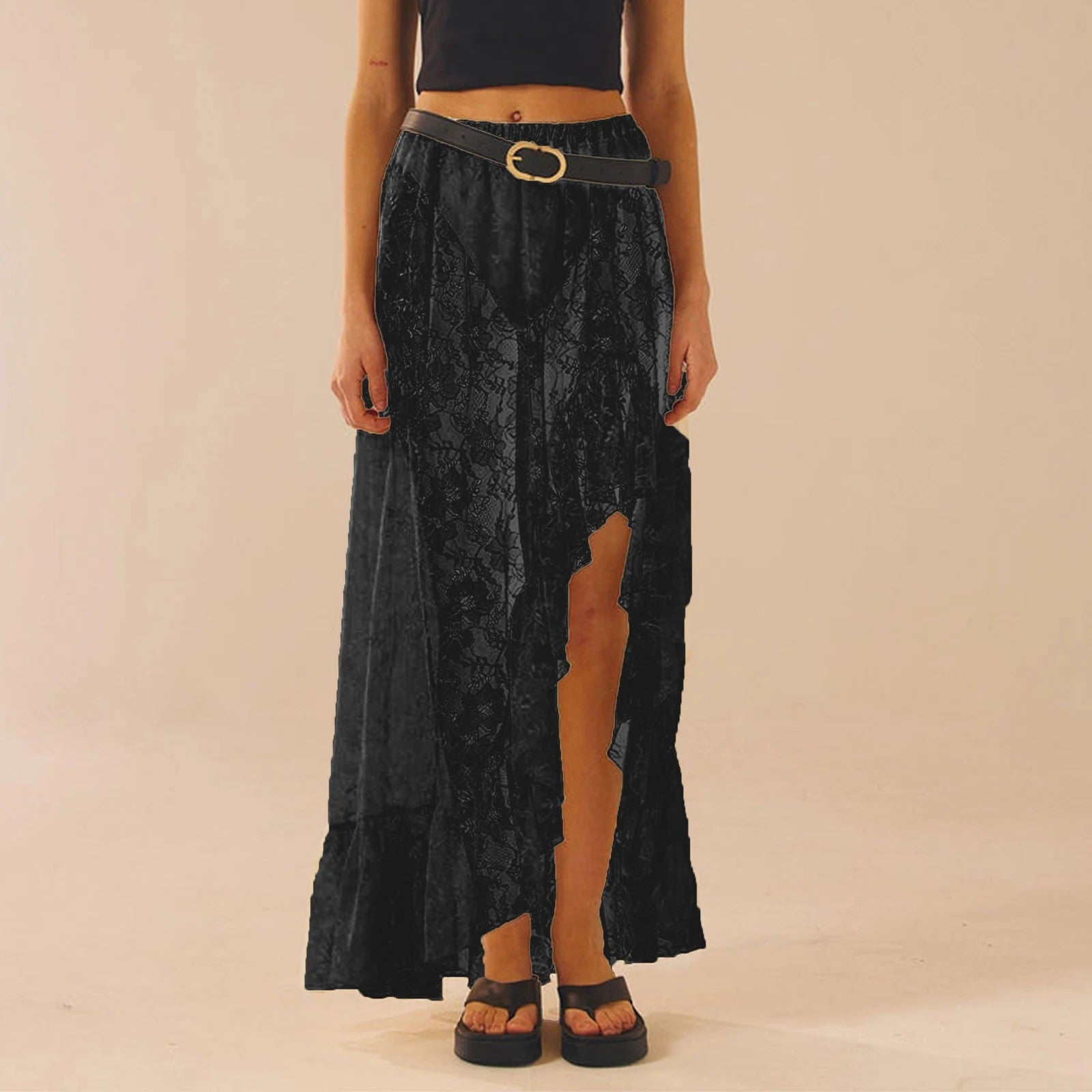 Aella Asymmetrical Lace Skirt - Black