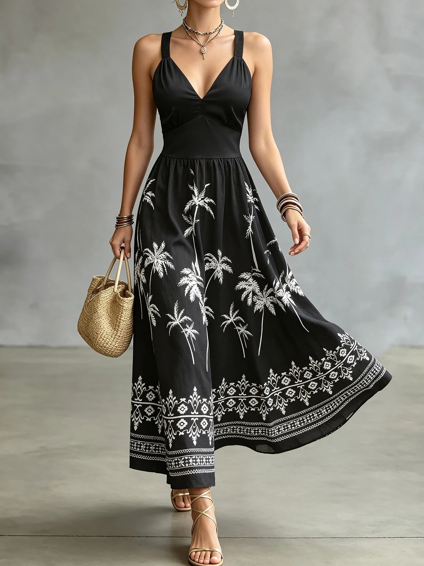 Salina Palm Midi Dress - Onyx Palm