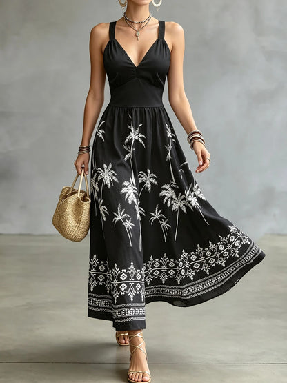 Salina Palm Midi Dress - Onyx Palm