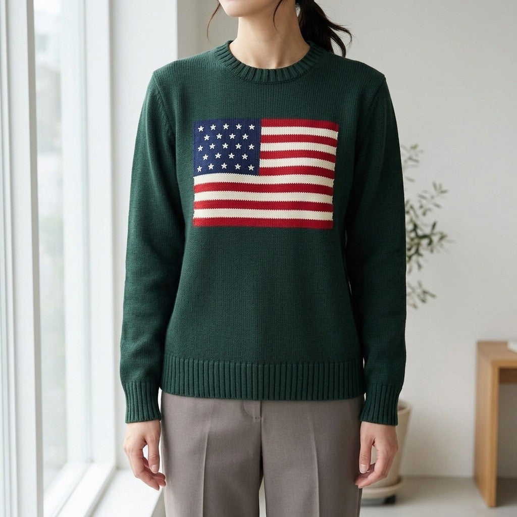 American Flag Cotton Knit Sweater - Forest Green