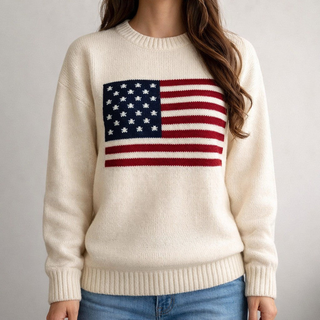 American Flag Cotton Knit Sweater - Ivory White