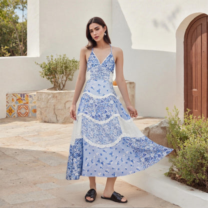 Antibes Lace Tiered Maxi Dress - Azure Patchwork