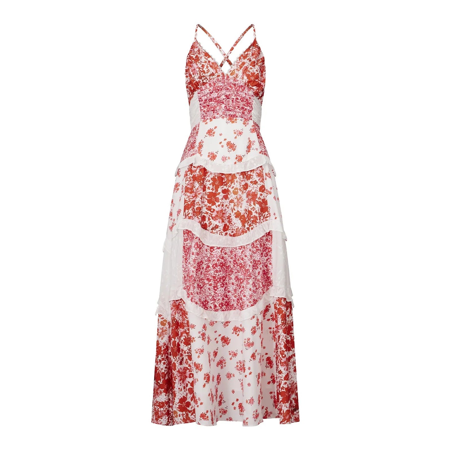 Antibes Lace Tiered Maxi Dress - Crimson Patchwork