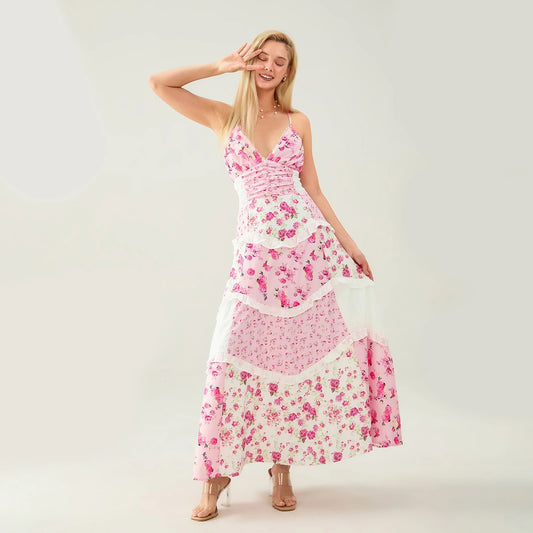 Antibes Lace Tiered Maxi Dress - Rose Patchwork