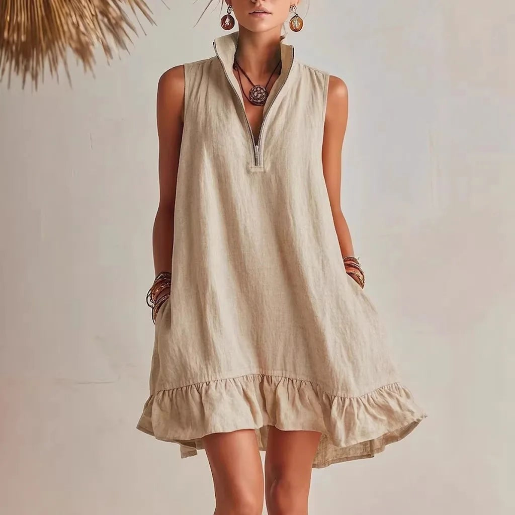 Santorini Ruffle Hem Mini Dress - Desert Khaki