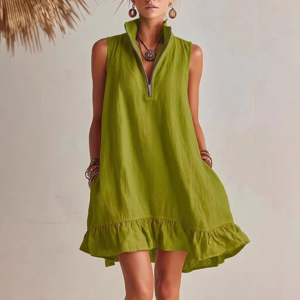 Santorini Ruffle Hem Mini Dress - Forest Green