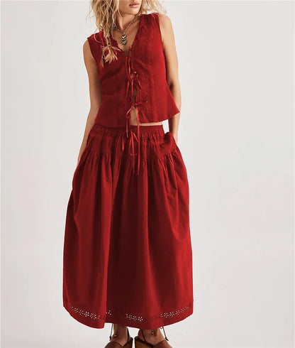 Arden Eyelet Skirt Set - Crimson