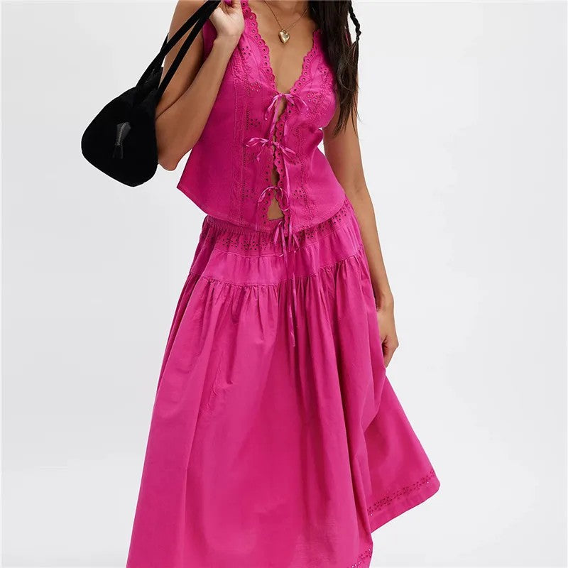 Arden Eyelet Skirt Set - Fuchsia