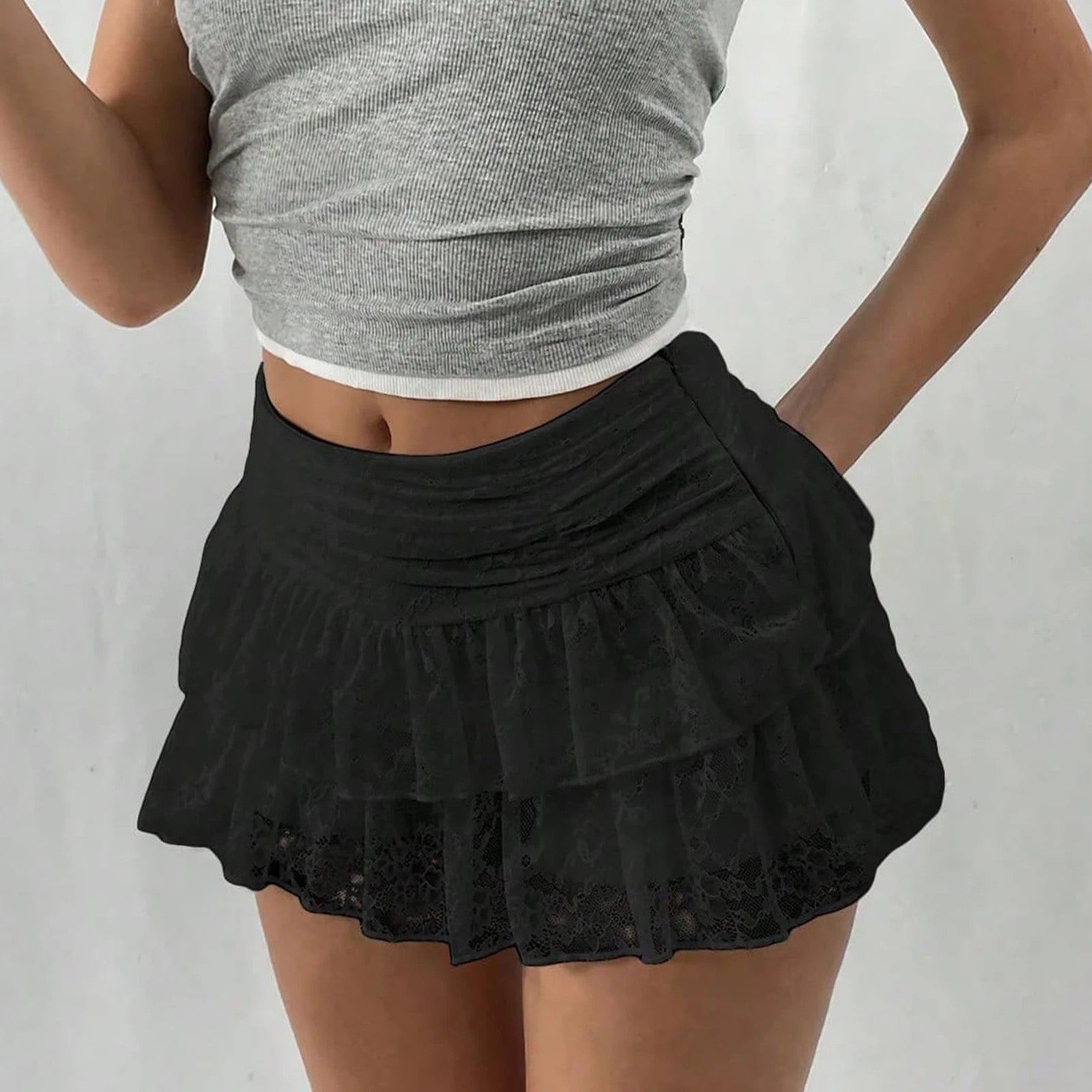 Arezzo Lace Ruffle Mini Skirt - Black