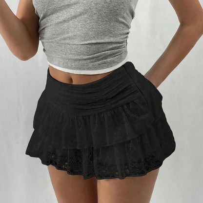 Arezzo Lace Ruffle Mini Skirt - Black
