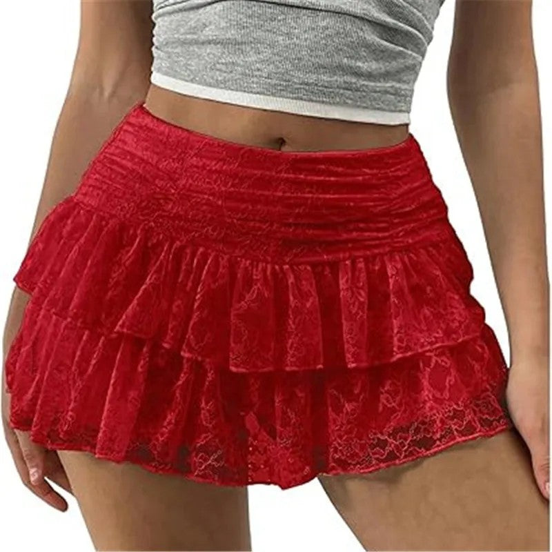 Arezzo Lace Ruffle Mini Skirt - Crimson
