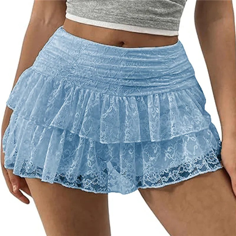 Arezzo Lace Ruffle Mini Skirt - Sky Blue