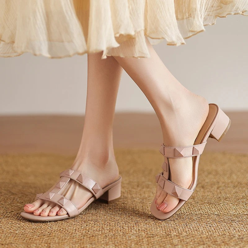 Arona Genuine Leather Heeled Slides - Blush Rose