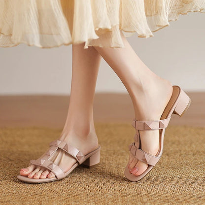 Arona Genuine Leather Heeled Slides - Blush Rose