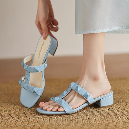 Arona Genuine Leather Heeled Slides - Sky Blue