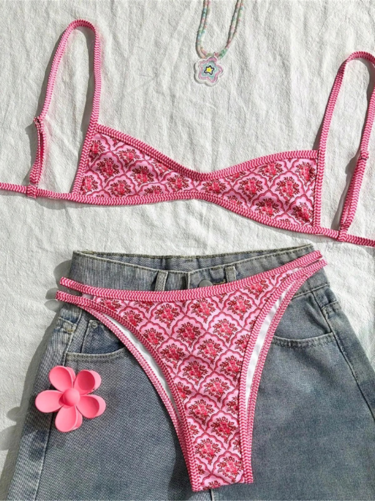 Aura Floral High-Leg Bikini - Rose Bloom