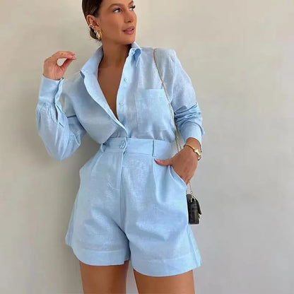 Barletta Button Shorts Set - Azure