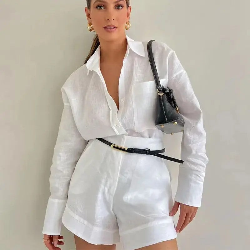 Barletta Button Shorts Set - White