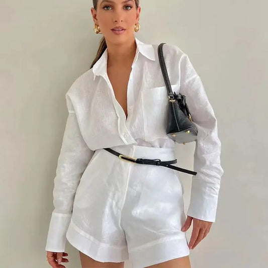 Barletta Button Shorts Set - White