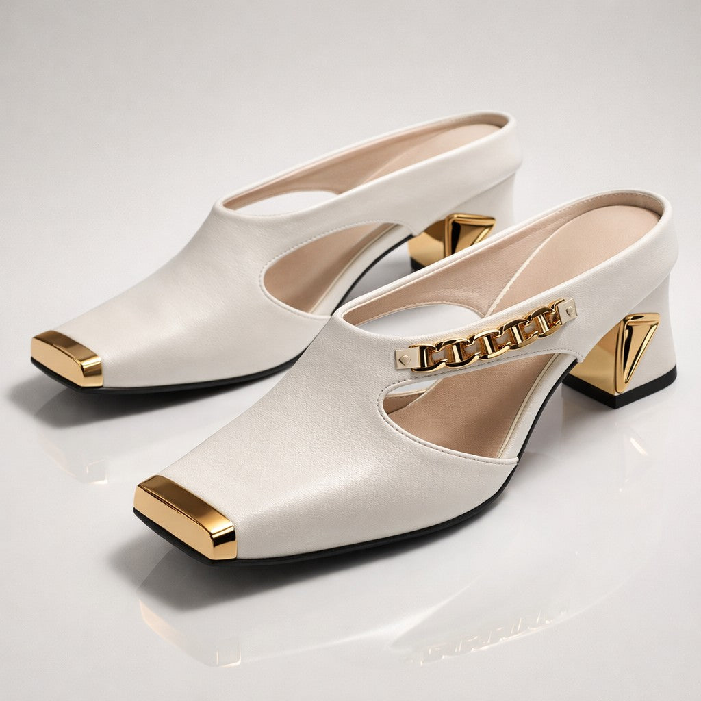 Belluno Gilded Block Heels - Pearl White