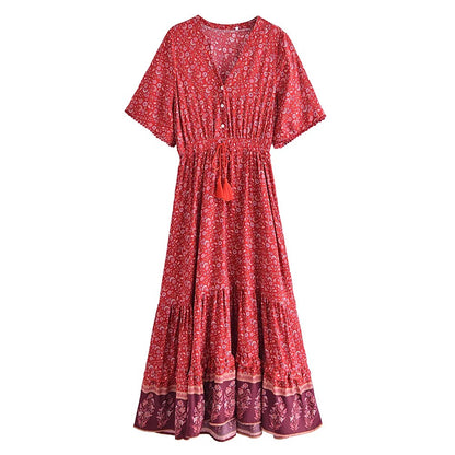 Biarritz Cotton Rayon Maxi Dress - Crimson Bloom