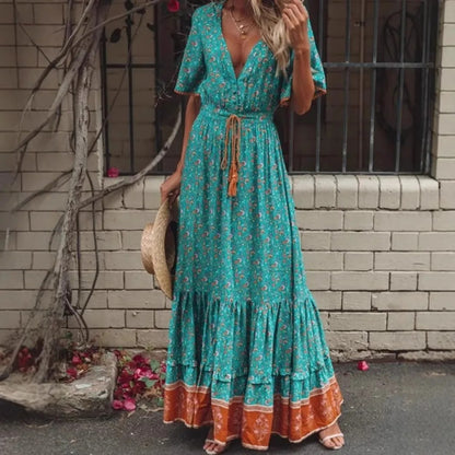Biarritz Cotton Rayon Maxi Dress - Forest Bloom