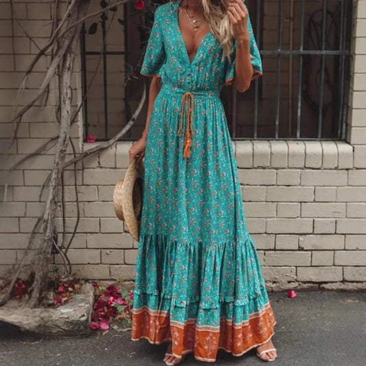 Biarritz Cotton Rayon Maxi Dress - Forest Bloom
