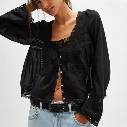 Calvi Lace Trim Blouse - Black