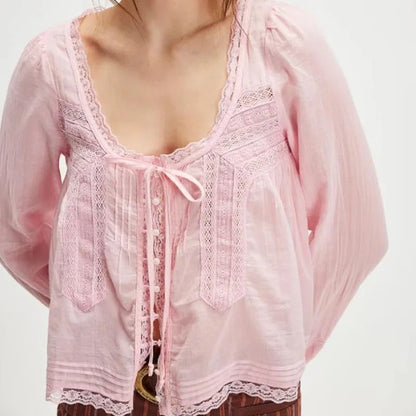 Calvi Lace Trim Blouse - Blush Pink