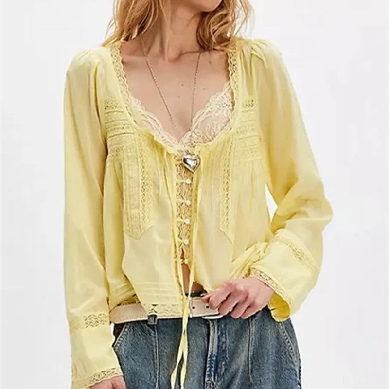 Calvi Lace Trim Blouse - Buttercup