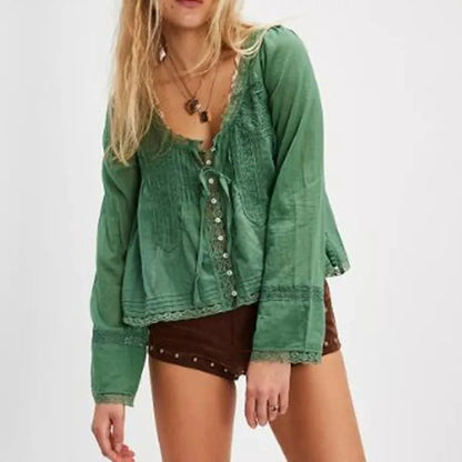 Calvi Lace Trim Blouse - Moss Green