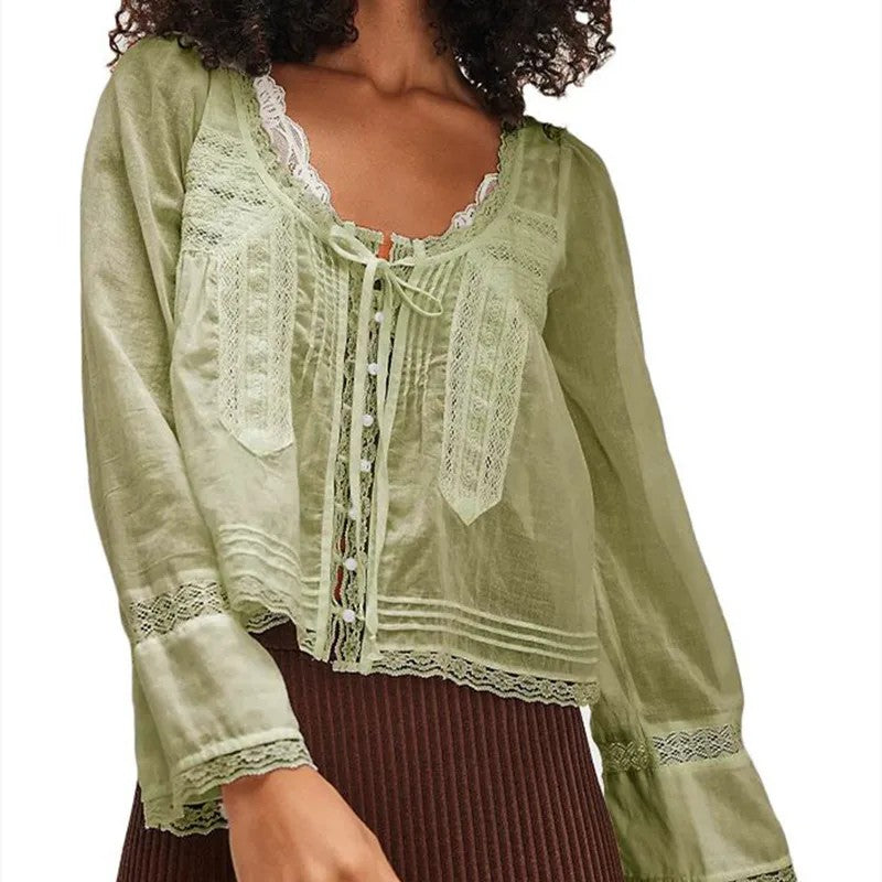 Calvi Lace Trim Blouse - Sage