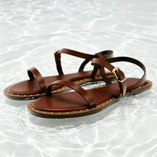Calvi Studded Flat Sandals - Cognac