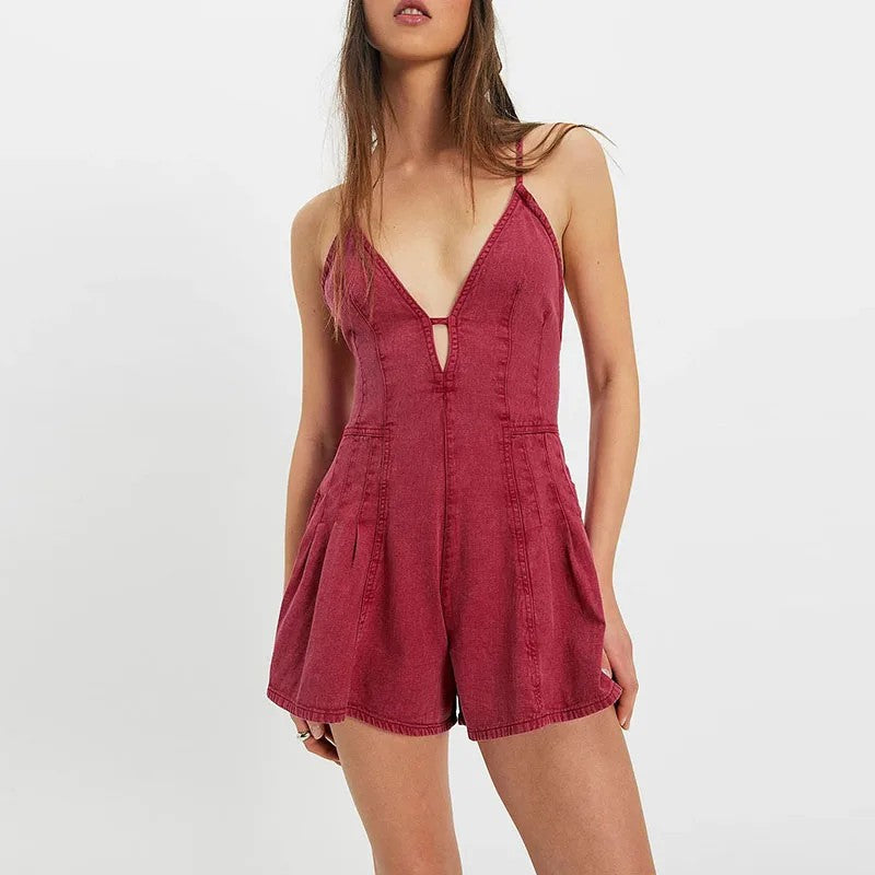 Cannes Backless Denim Romper - Sangria