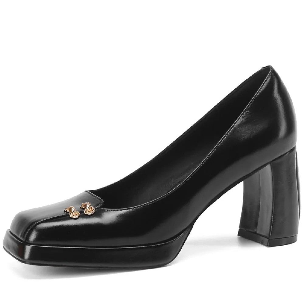 Caravelli Genuine Leather Square Pumps - Ebony