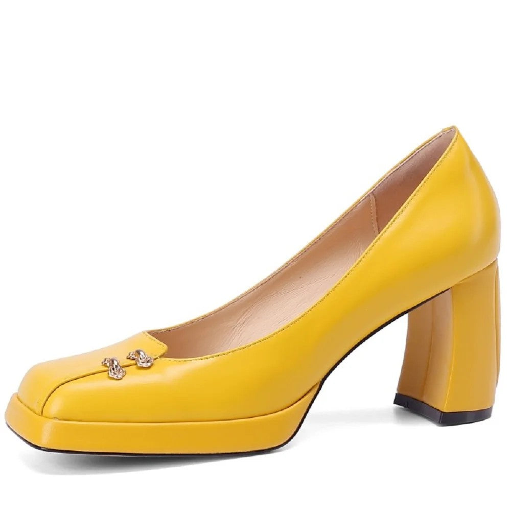 Caravelli Genuine Leather Square Pumps - Marigold