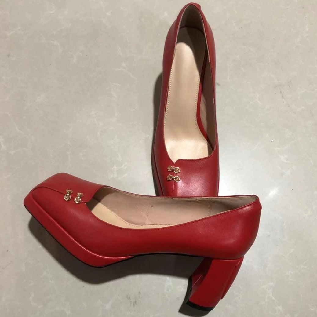 Caravelli Genuine Leather Square Pumps - Scarlet