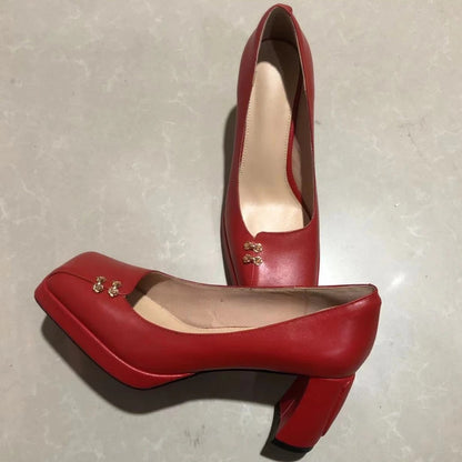 Caravelli Genuine Leather Square Pumps - Scarlet