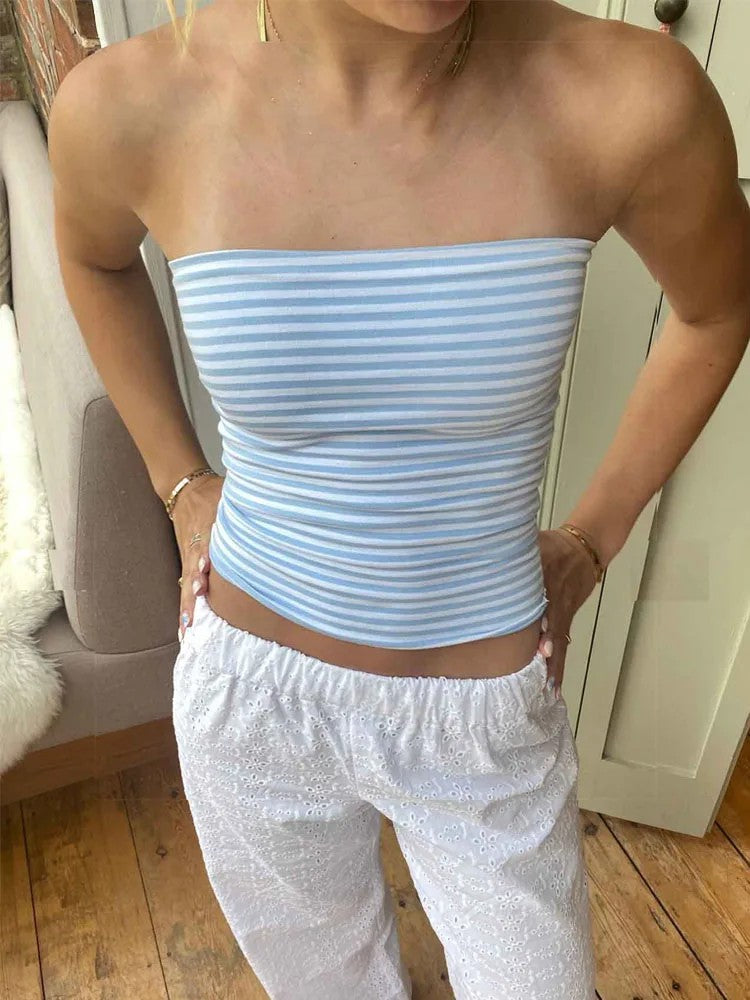 Cenote Strapless Crop Top - Striped Azure