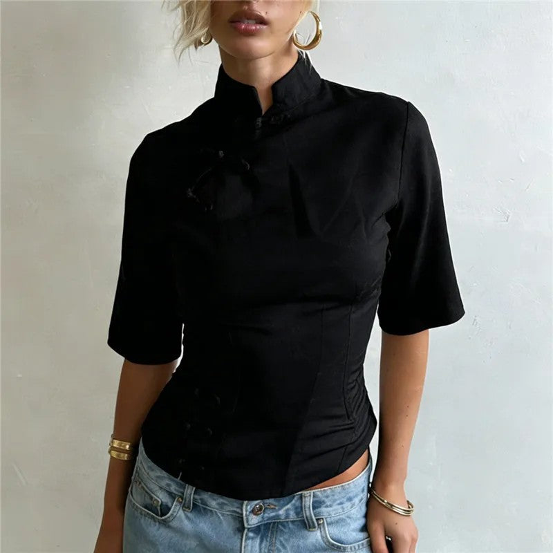 Coralli Jacquard Mandarin Blouse - Onyx